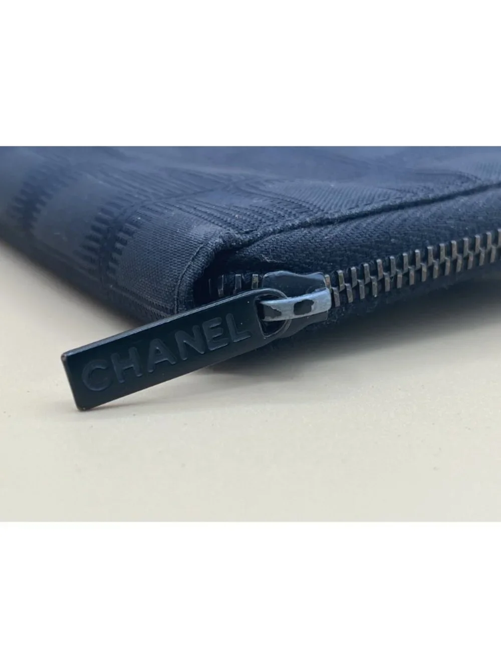 Chanel Black Checkered Canvas Zipper Wallet With CC Logo Design